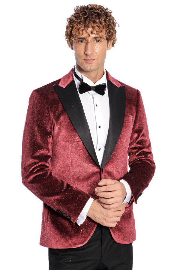 Sparkle Slim Fit Velvet Burgundy Men Prom Blazer - Wessi