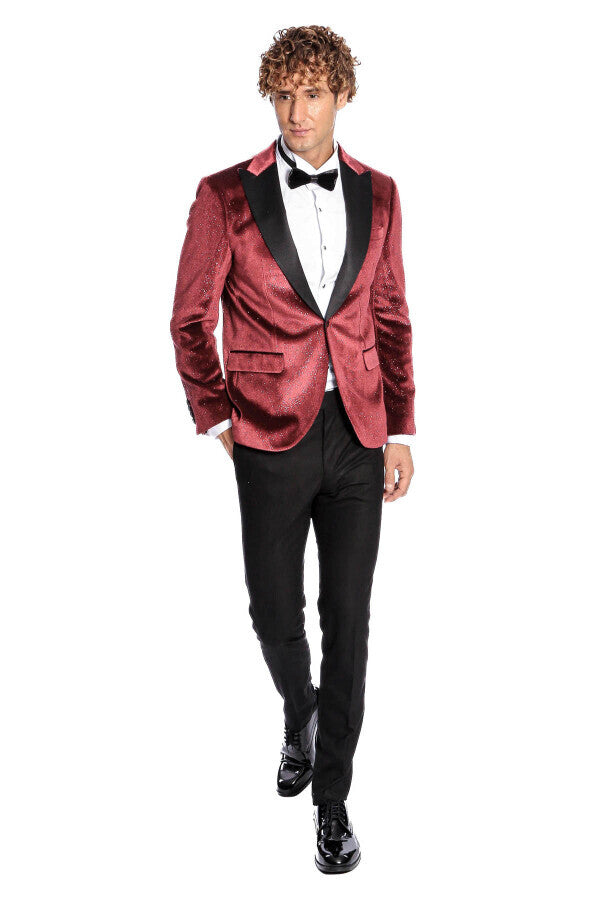 Sparkle Slim Fit Velvet Burgundy Men Prom Blazer - Wessi