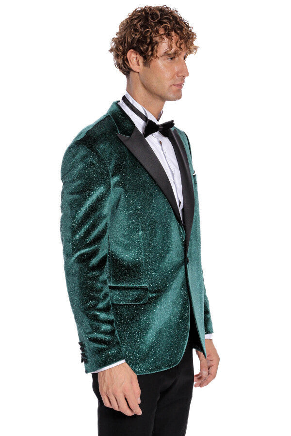 Sparkle Slim Fit Velvet Green Men Prom Blazer - Wessi