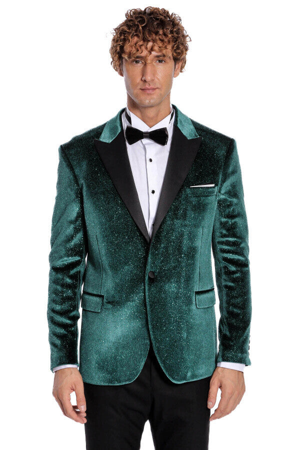 Sparkle Slim Fit Velvet Green Men Prom Blazer - Wessi