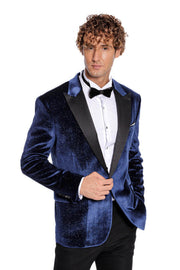 Sparkle Slim Fit Velvet Navy Blue Men Prom Blazer - Wessi