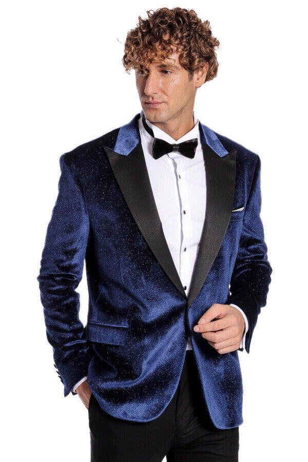 Sparkle Slim Fit Velvet Navy Blue Men Prom Blazer - Wessi