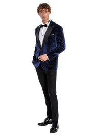 Sparkle Slim Fit Velvet Navy Blue Men Prom Blazer - Wessi