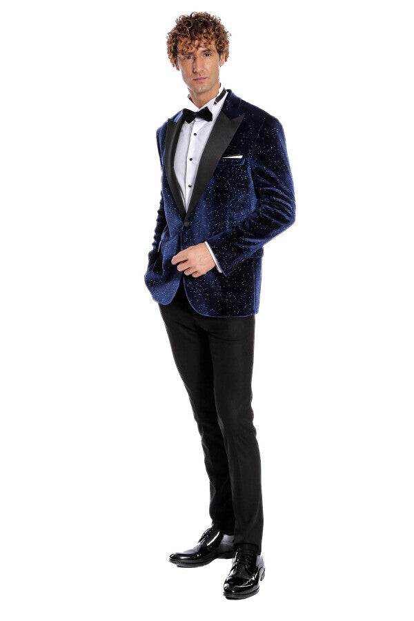 Sparkle Slim Fit Velvet Navy Blue Men Prom Blazer - Wessi