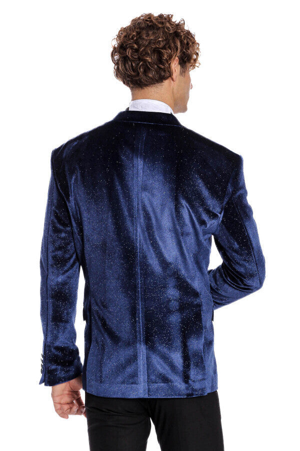 Sparkle Slim Fit Velvet Navy Blue Men Prom Blazer - Wessi