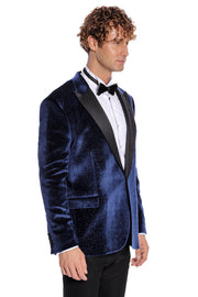 Sparkle Slim Fit Velvet Navy Blue Men Prom Blazer - Wessi