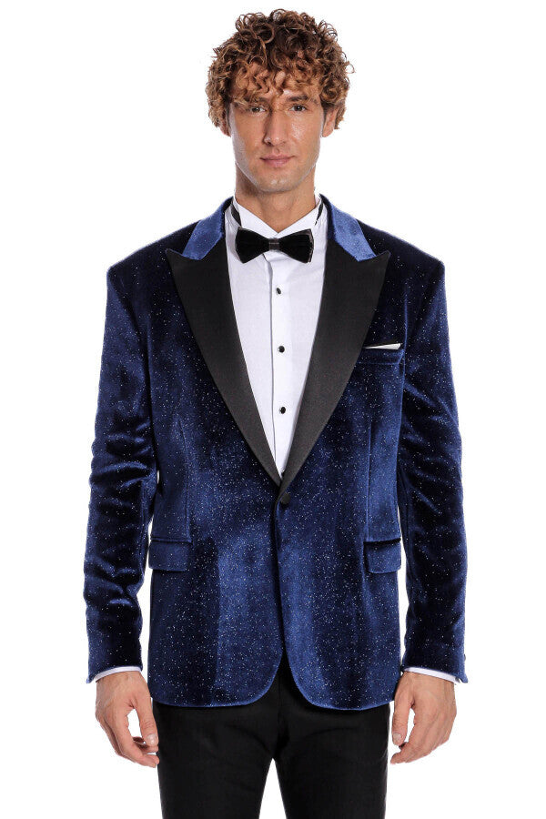 Sparkle Slim Fit Velvet Navy Blue Men Prom Blazer - Wessi