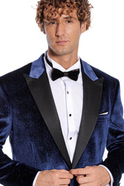 Sparkle Slim Fit Velvet Navy Blue Men Prom Blazer - Wessi