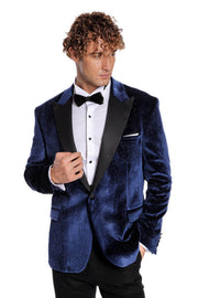 Sparkle Slim Fit Velvet Navy Blue Men Prom Blazer - Wessi