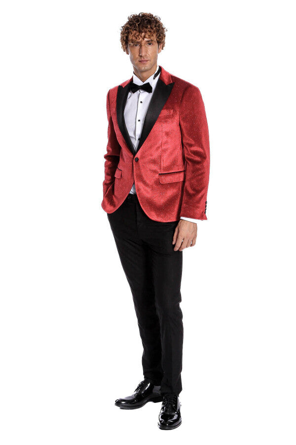 Sparkle Slim Fit Velvet Red Men Prom Blazer - Wessi