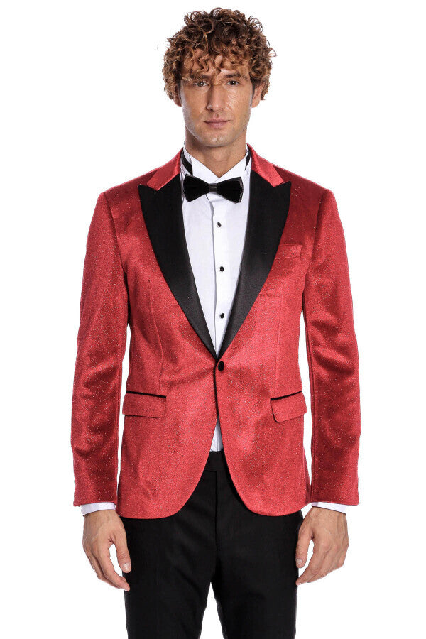 Sparkle Slim Fit Velvet Red Men Prom Blazer - Wessi