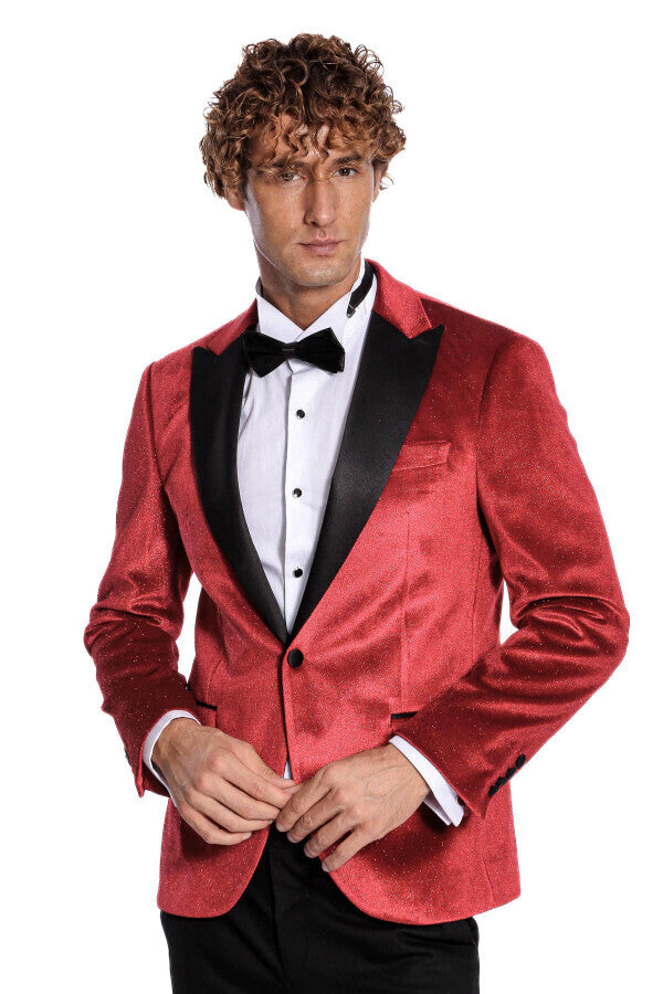 Sparkle Slim Fit Velvet Red Men Prom Blazer - Wessi