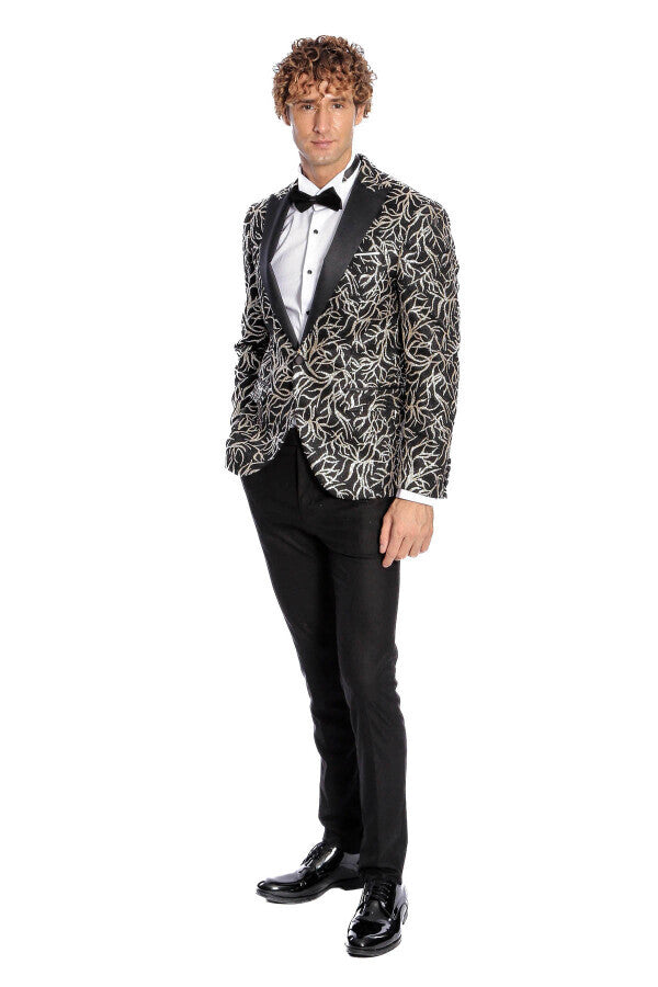 Sparkling Ivy Patterned Slim Fit Black Men Prom Blazer - Wessi