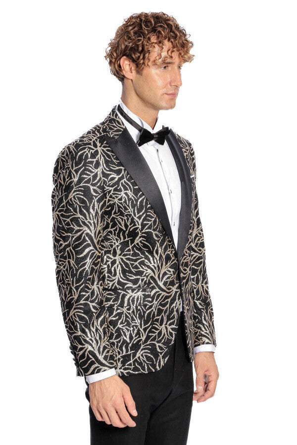 Sparkling Ivy Patterned Slim Fit Black Men Prom Blazer - Wessi