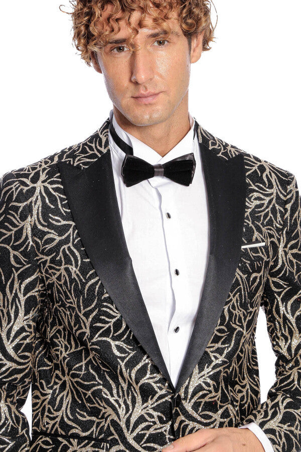 Sparkling Ivy Patterned Slim Fit Black Men Prom Blazer - Wessi