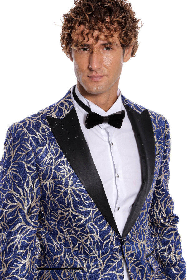 Sparkling Ivy Patterned Slim Fit Blue Men Prom Blazer - Wessi