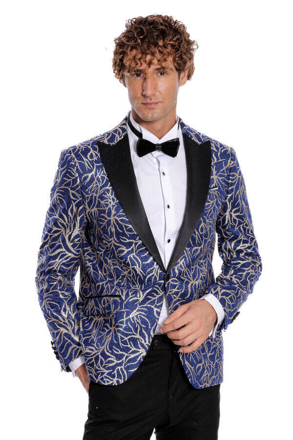 Sparkling Ivy Patterned Slim Fit Blue Men Prom Blazer - Wessi