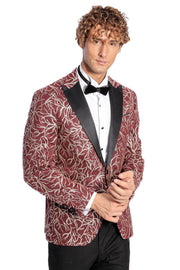 Sparkling Ivy Patterned Slim Fit Burgundy Men Prom Blazer - Wessi