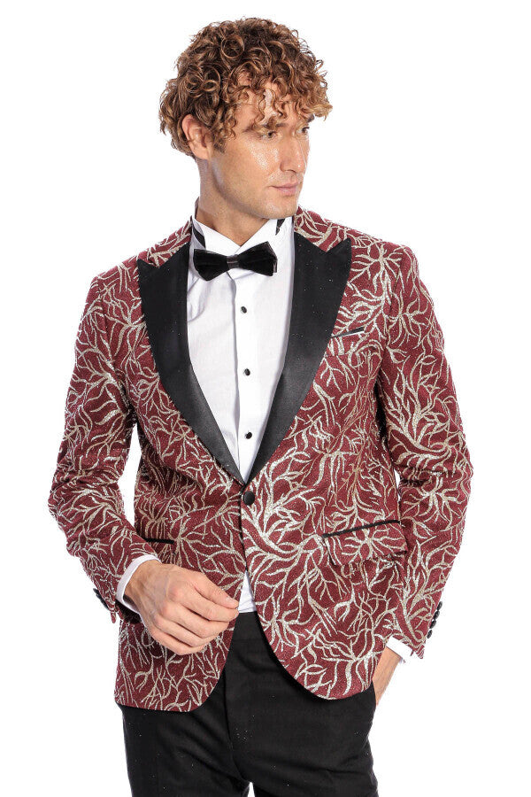 Sparkling Ivy Patterned Slim Fit Burgundy Men Prom Blazer - Wessi