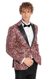 Sparkling Ivy Patterned Slim Fit Burgundy Men Prom Blazer - Wessi