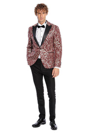 Sparkling Ivy Patterned Slim Fit Burgundy Men Prom Blazer - Wessi