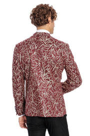 Sparkling Ivy Patterned Slim Fit Burgundy Men Prom Blazer - Wessi