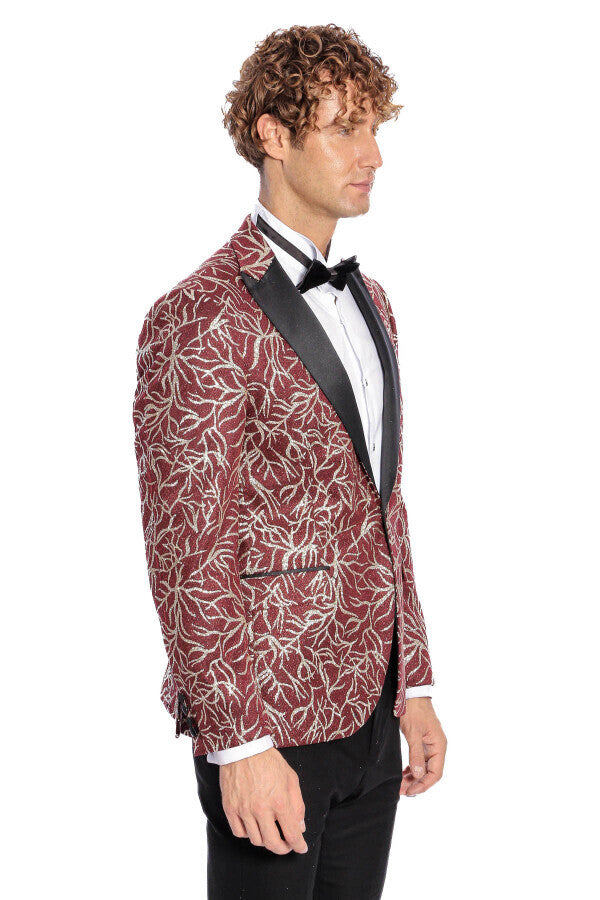 Sparkling Ivy Patterned Slim Fit Burgundy Men Prom Blazer - Wessi