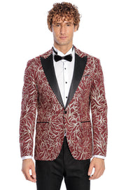 Sparkling Ivy Patterned Slim Fit Burgundy Men Prom Blazer - Wessi