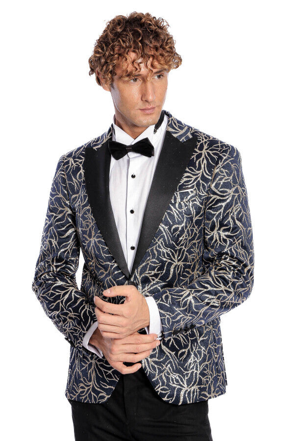 Sparkling Ivy Patterned Slim Fit Navy Blue Men Prom Blazer - Wessi