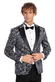 Sparkling Ivy Patterned Slim Fit Navy Blue Men Prom Blazer - Wessi