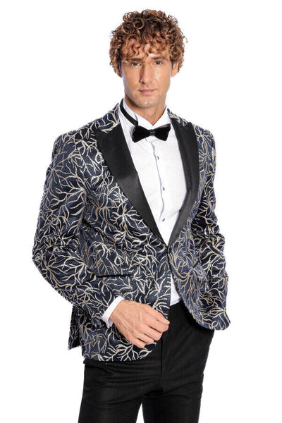 Sparkling Ivy Patterned Slim Fit Navy Blue Men Prom Blazer - Wessi