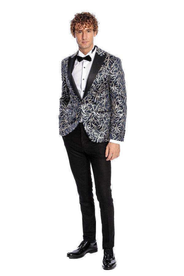 Sparkling Ivy Patterned Slim Fit Navy Blue Men Prom Blazer - Wessi