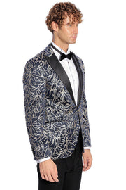 Sparkling Ivy Patterned Slim Fit Navy Blue Men Prom Blazer - Wessi