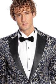 Sparkling Ivy Patterned Slim Fit Navy Blue Men Prom Blazer - Wessi