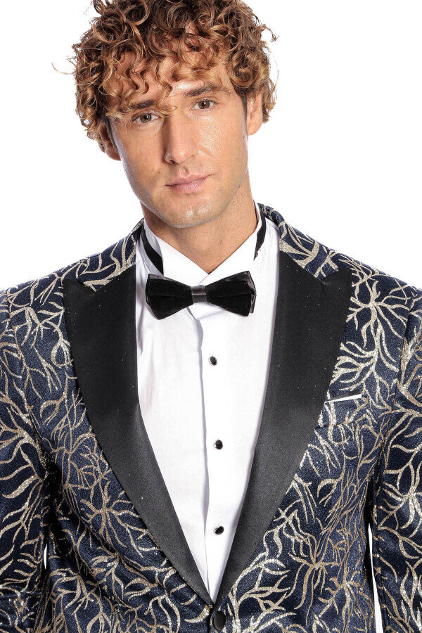 Sparkling Ivy Patterned Slim Fit Navy Blue Men Prom Blazer - Wessi