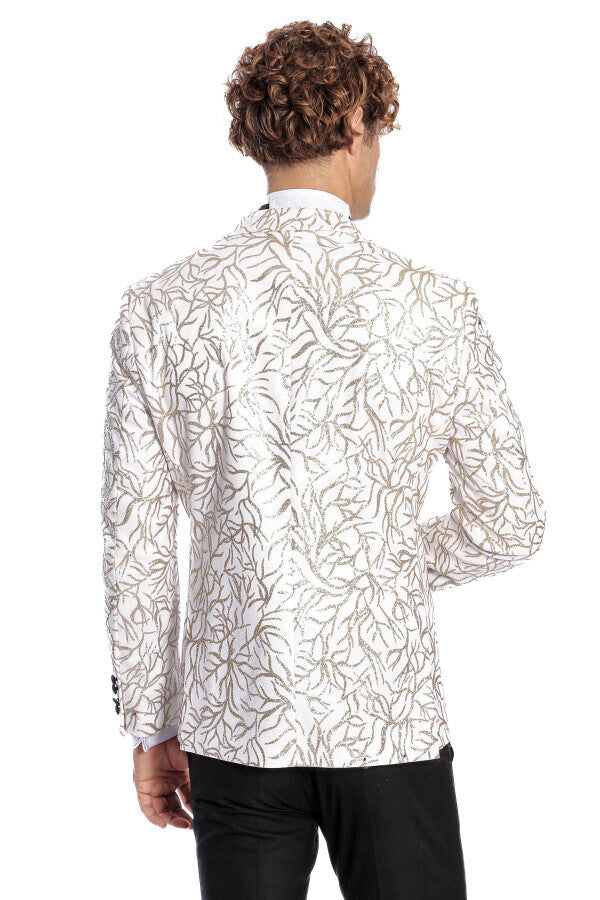 Sparkling Ivy Patterned Slim Fit White Men Prom Blazer - Wessi