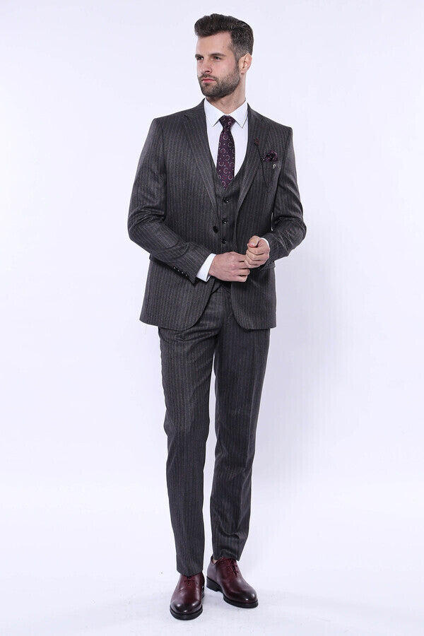 Striped Black Vested Suit - Wessi