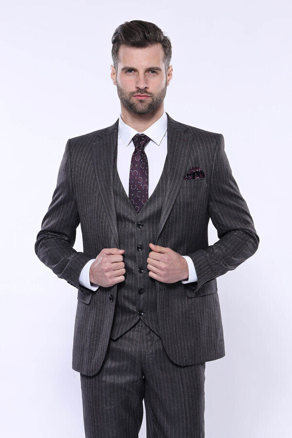 Striped Black Vested Suit - Wessi