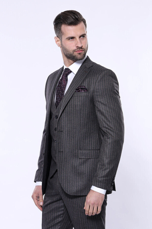 Striped Black Vested Suit - Wessi