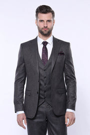 Striped Black Vested Suit - Wessi