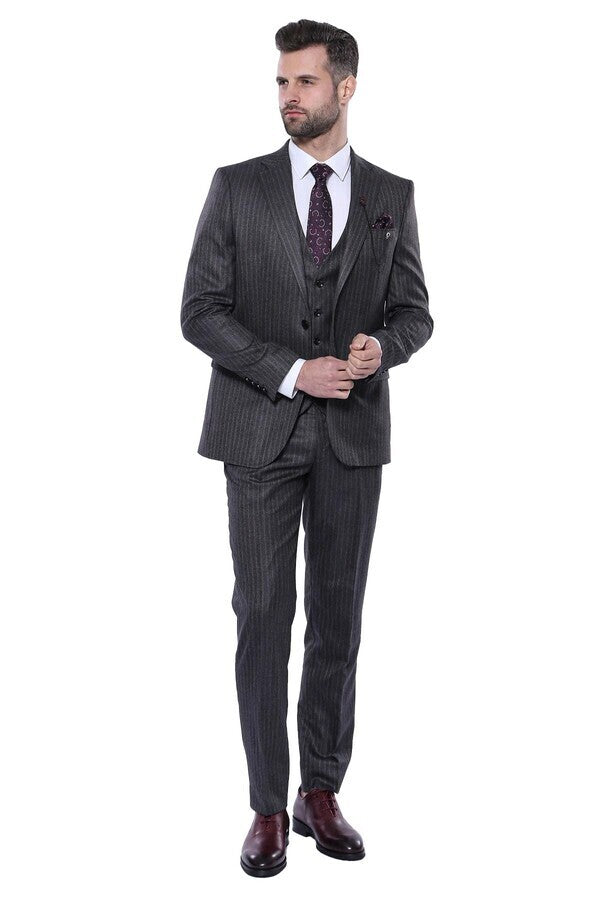 Striped Black Vested Suit - Wessi