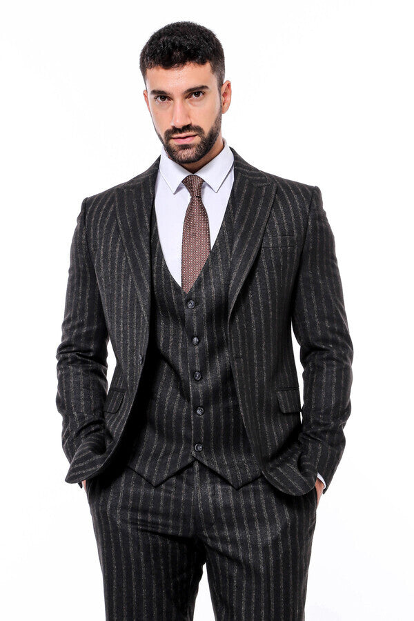 Striped Black Slim-Fit Vested Men's Suit - Wessi