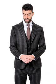 Striped Black Slim-Fit Vested Men's Suit - Wessi