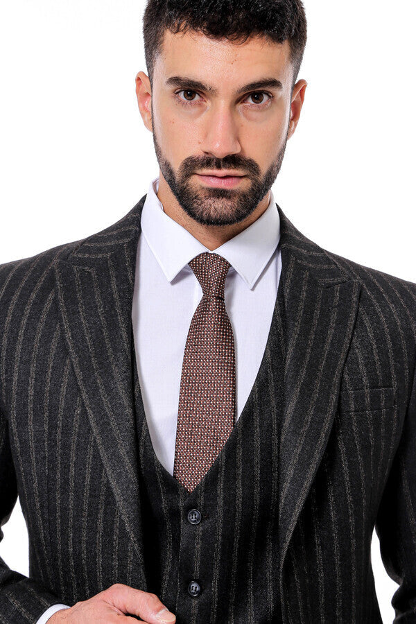 Striped Black Slim-Fit Vested Men's Suit - Wessi