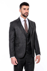 Striped Black Slim-Fit Vested Men's Suit - Wessi