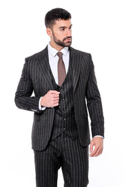 Striped Black Slim-Fit Vested Men's Suit - Wessi