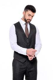 Striped Black Slim-Fit Vested Men's Suit - Wessi