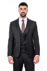 Striped Black Slim-Fit Vested Men's Suit - Wessi