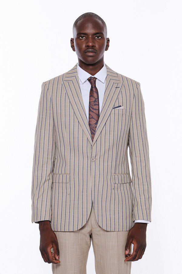 Striped Blazer Plain Pants Beige Men Suit - Wessi