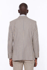 Striped Blazer Plain Pants Beige Men Suit - Wessi